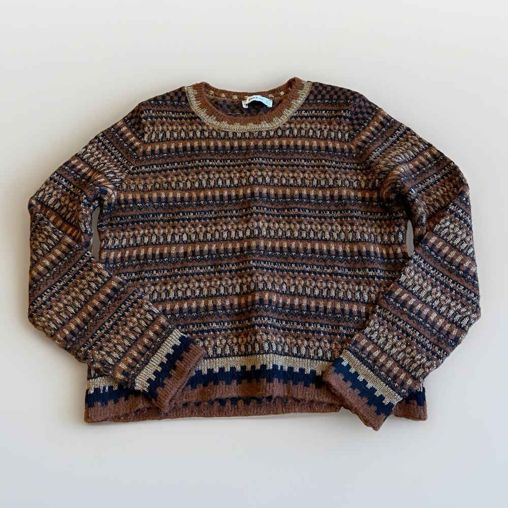Zara Knit Women’s Gold Shimmer Metallic Knit Brown Sweater | Crewneck | Small